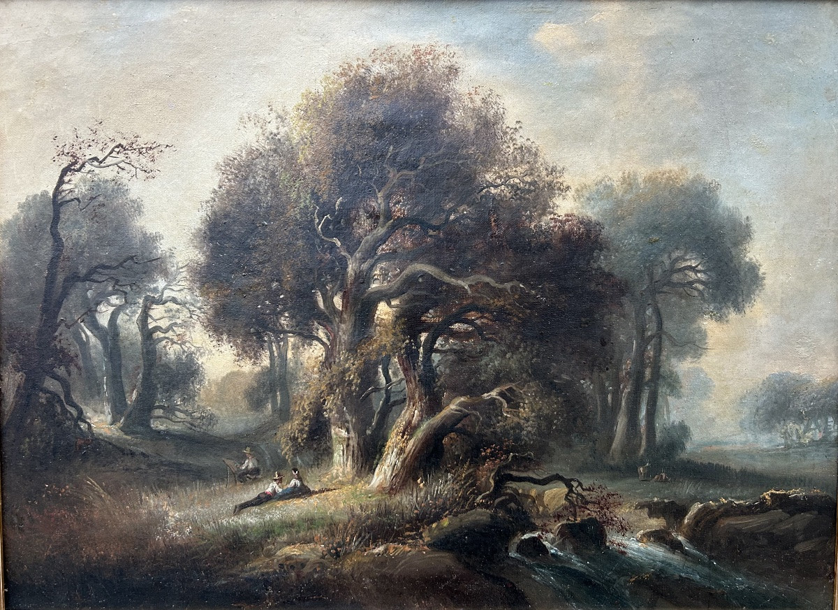 Tableau Ecole française 19eme forêt animée -photo-1