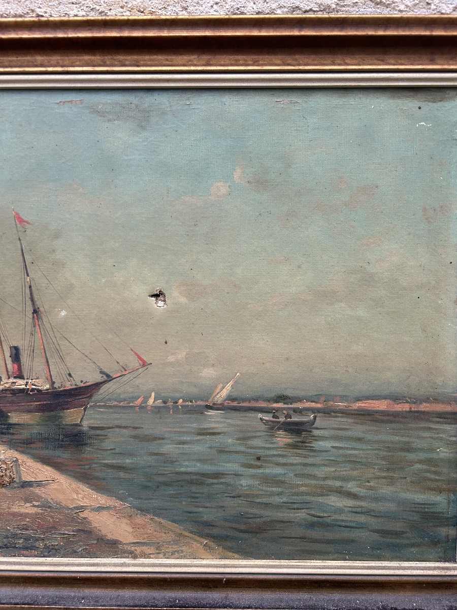 Marine Painting Of A Boat In The Harbor-photo-2