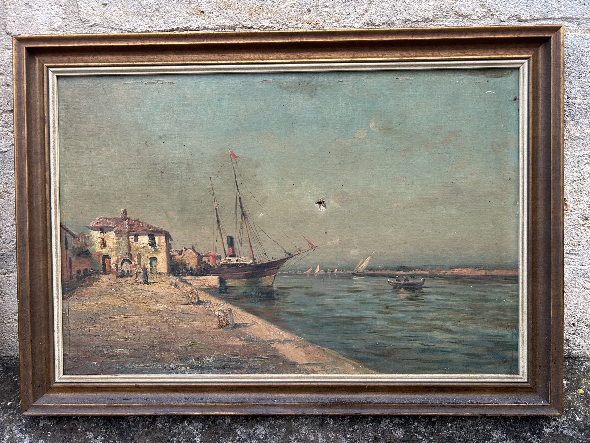 Marine Painting Of A Boat In The Harbor