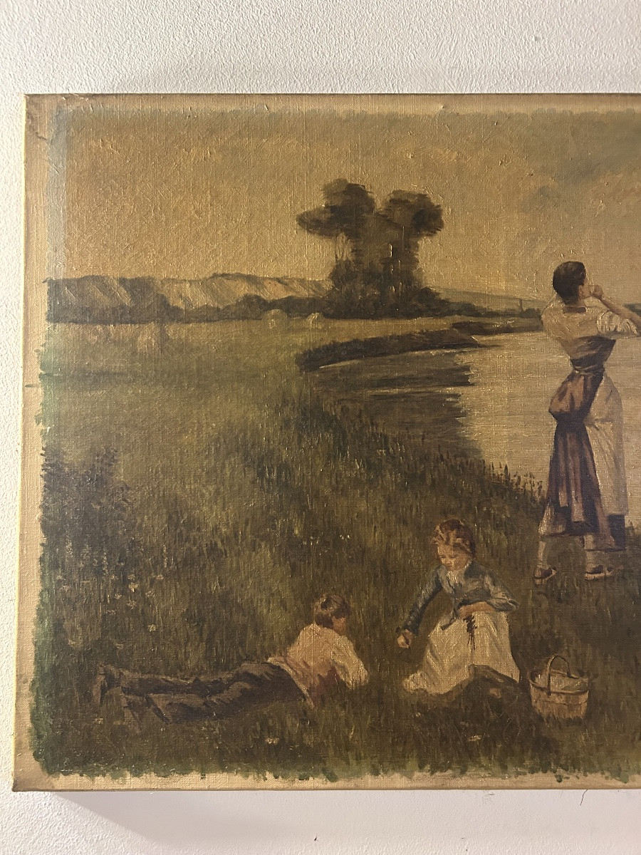 According To Louis émile Minet, Painting Of A River With Children Fishing-photo-3