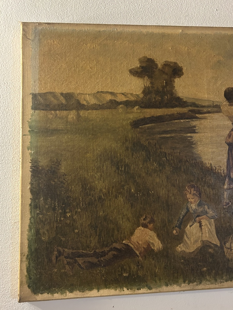 According To Louis émile Minet, Painting Of A River With Children Fishing-photo-1