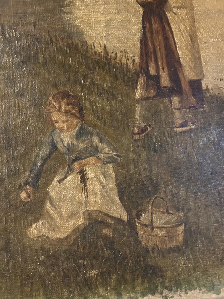 According To Louis émile Minet, Painting Of A River With Children Fishing-photo-3