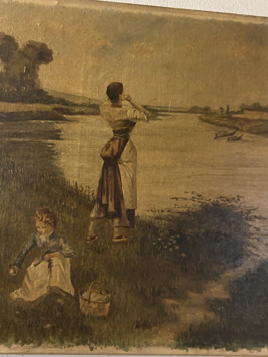 According To Louis émile Minet, Painting Of A River With Children Fishing-photo-4