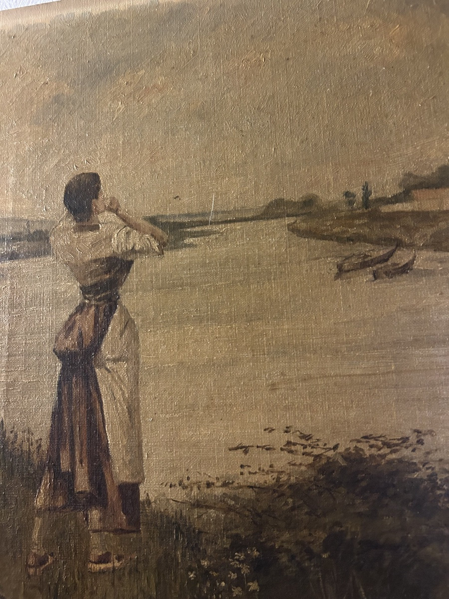 According To Louis émile Minet, Painting Of A River With Children Fishing-photo-5