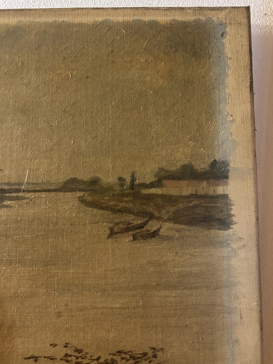 According To Louis émile Minet, Painting Of A River With Children Fishing-photo-6