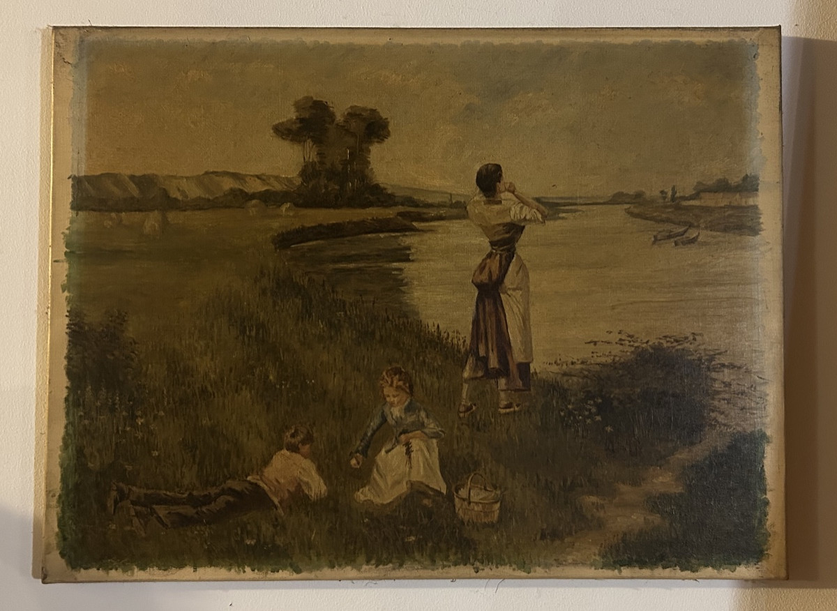 According To Louis émile Minet, Painting Of A River With Children Fishing