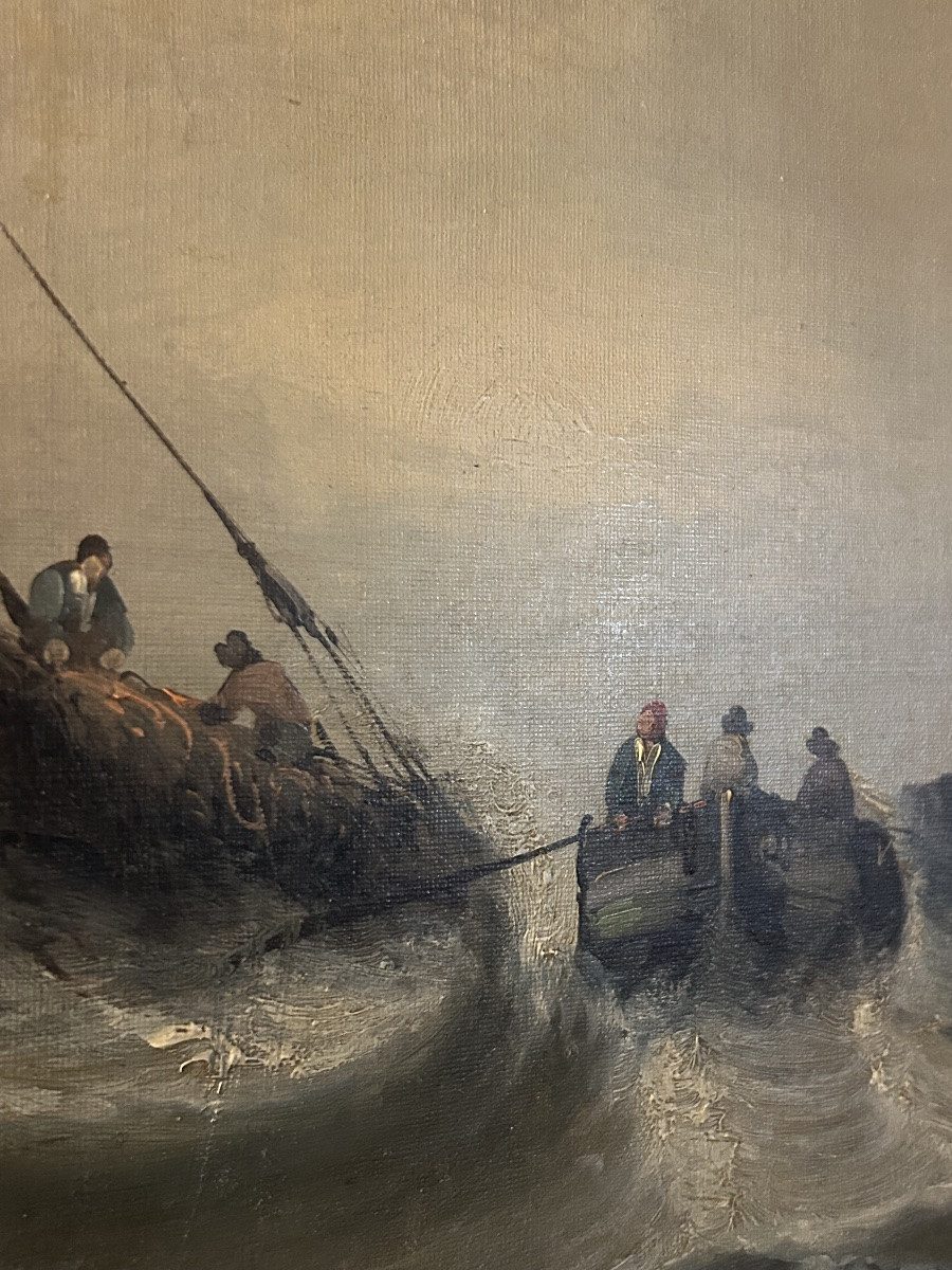 Tableau marine mer agitée 19eme l’arrivée au port-photo-3