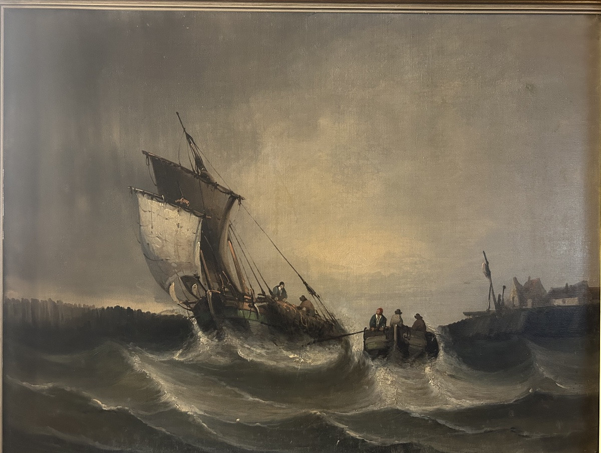 Tableau marine mer agitée 19eme l’arrivée au port-photo-1