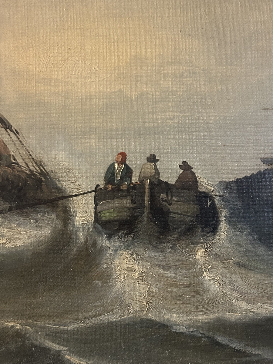 Tableau marine mer agitée 19eme l’arrivée au port-photo-3