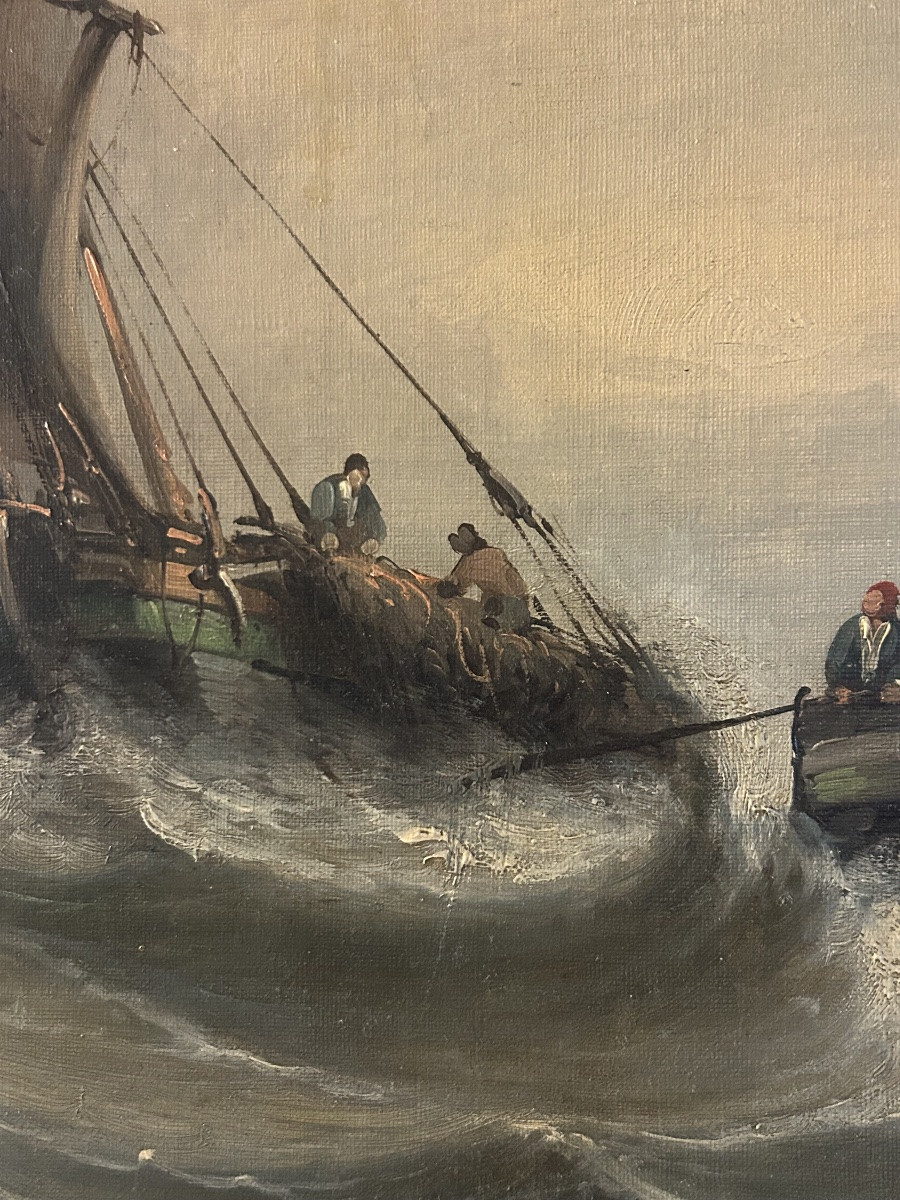 Tableau marine mer agitée 19eme l’arrivée au port-photo-4