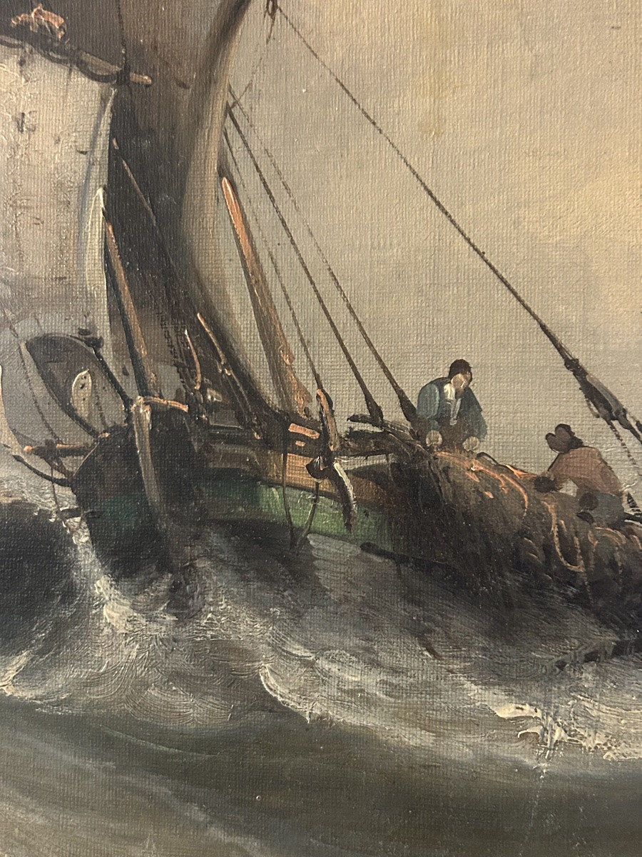 Tableau marine mer agitée 19eme l’arrivée au port-photo-5