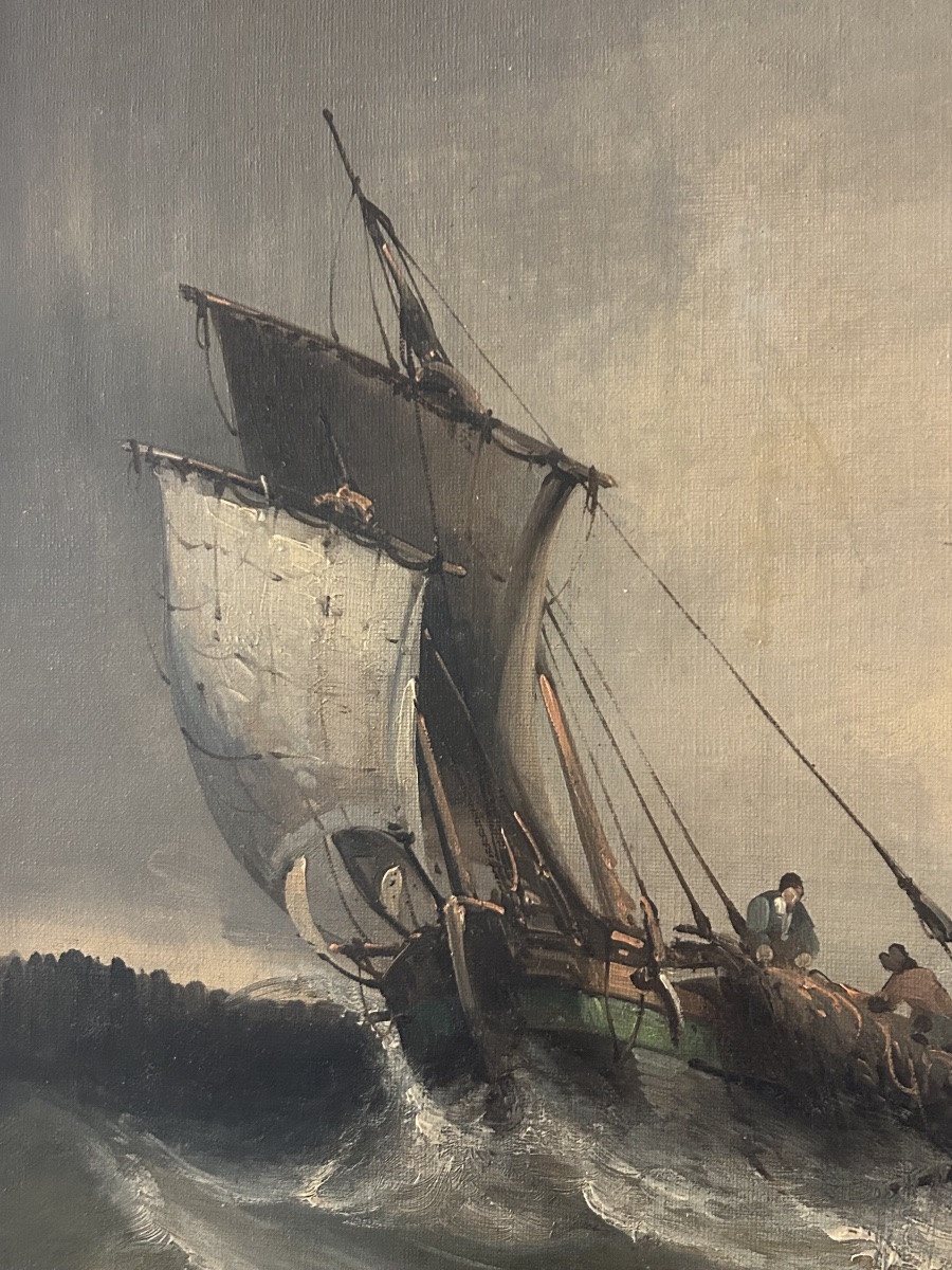 Tableau marine mer agitée 19eme l’arrivée au port-photo-6