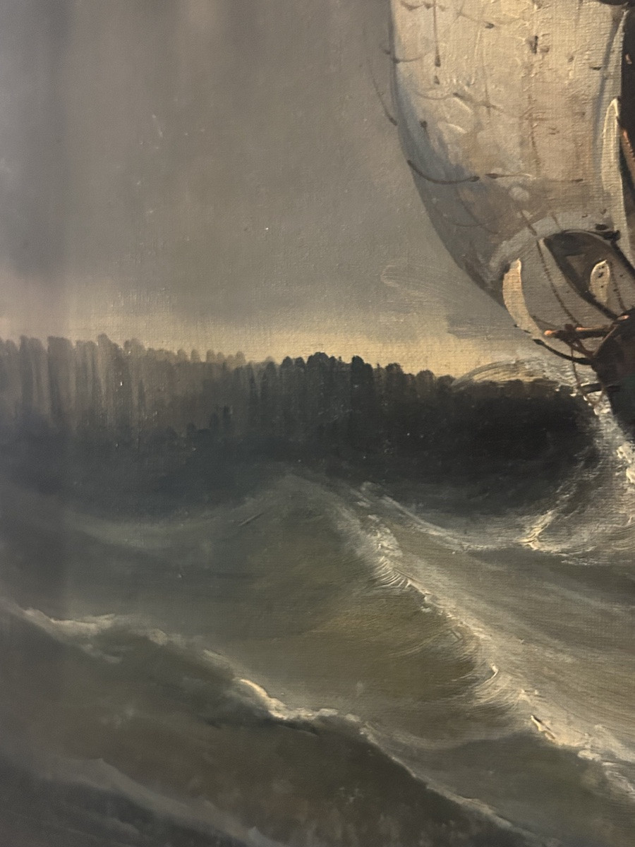 Tableau marine mer agitée 19eme l’arrivée au port-photo-7