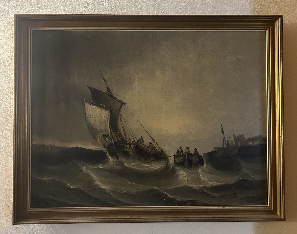 Tableau marine mer agitée 19eme l’arrivée au port
