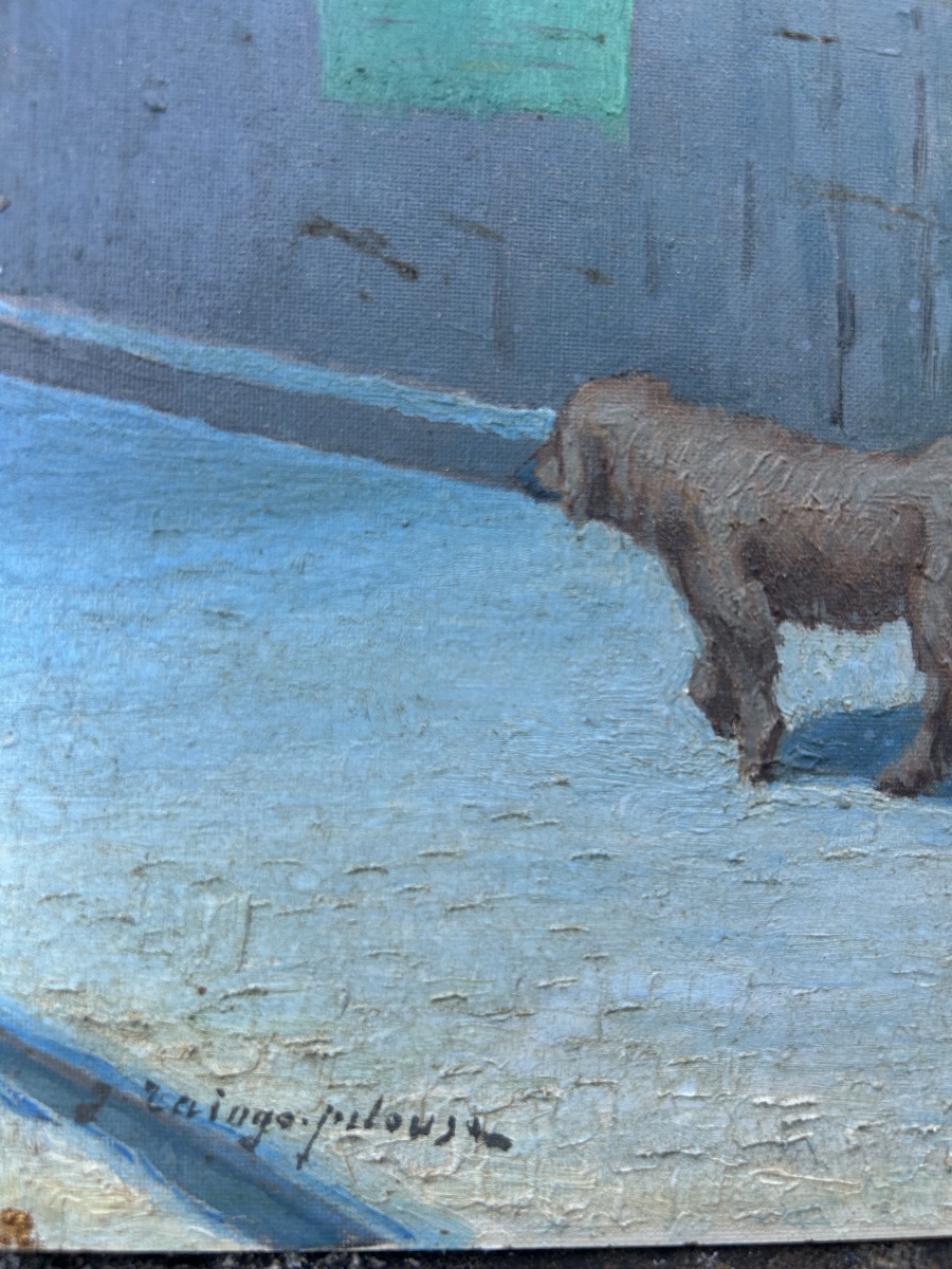 Germain Raingo Pelouse homme et son chien rue de Paris enneigée -photo-2