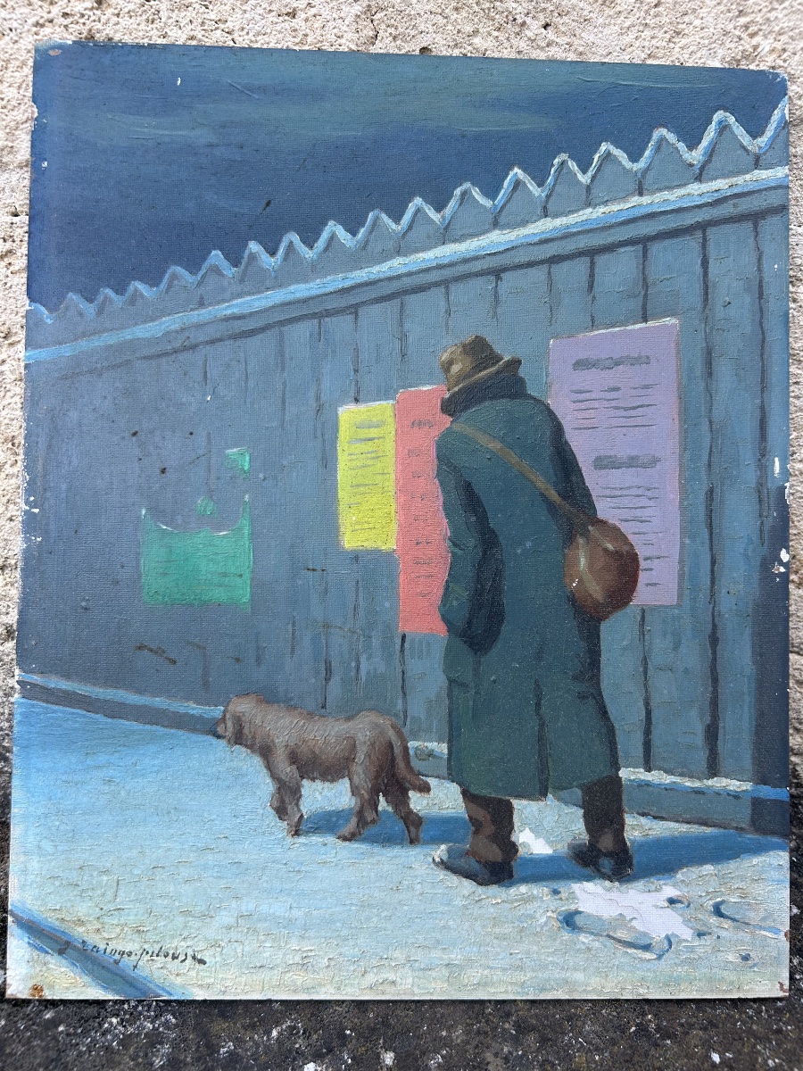 Germain Raingo Pelouse homme et son chien rue de Paris enneigée -photo-5