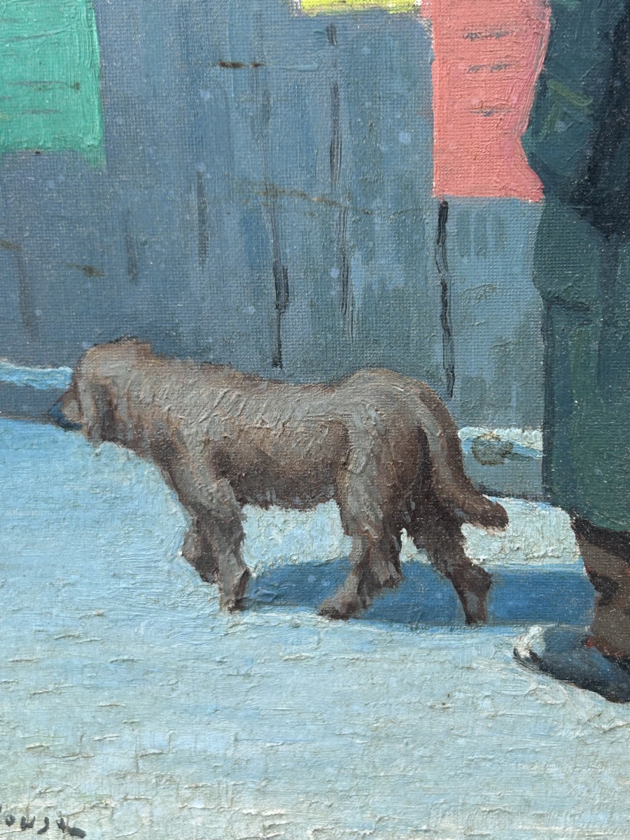 Germain Raingo Pelouse homme et son chien rue de Paris enneigée -photo-4