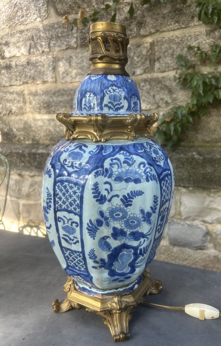 19th-century Delft Earthenware And Bronze Lamp