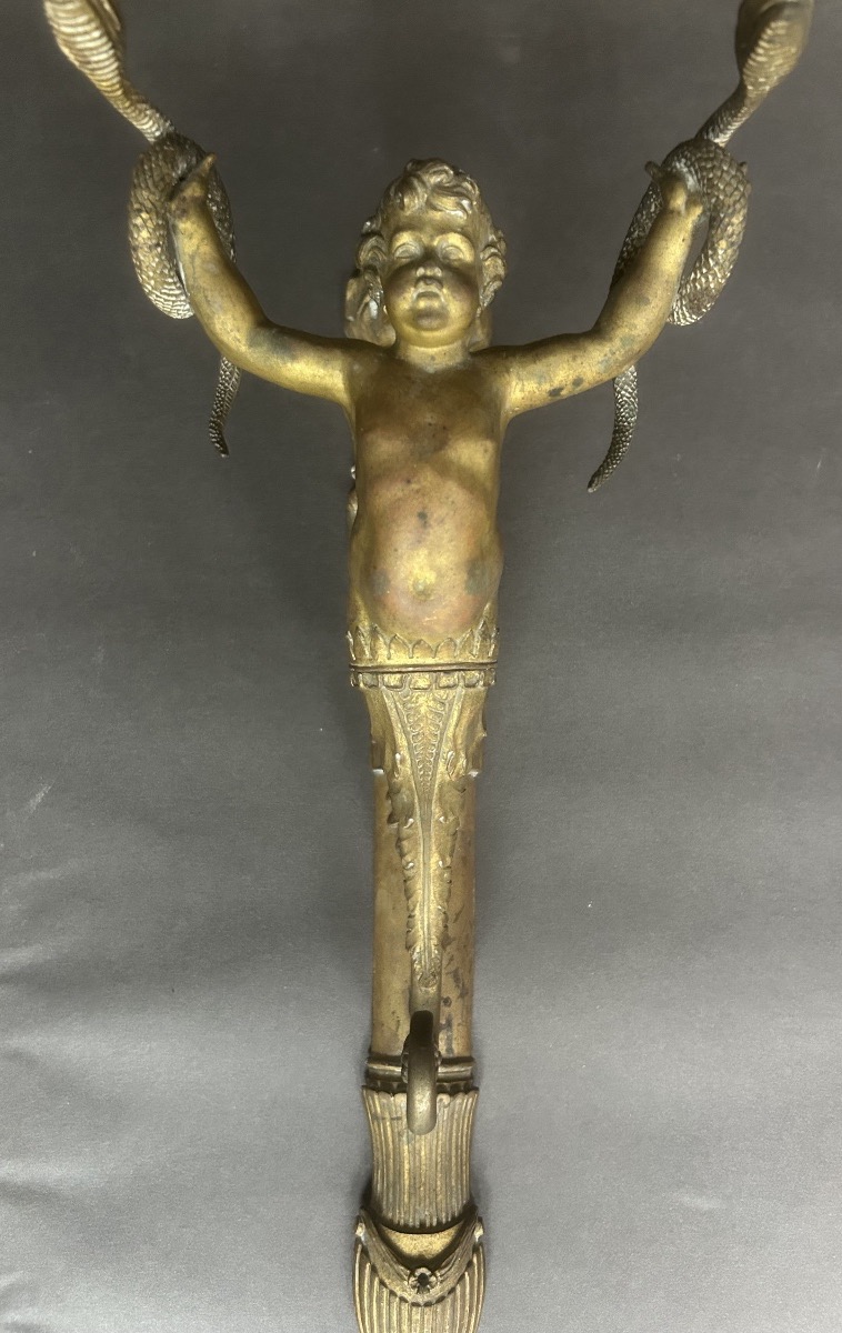 Paire d’appliques Empire bronze putti aux serpents  -photo-6