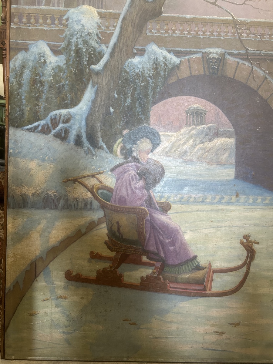 Art Nouveau Painting Depicting A Snowy Scene With Skaters And A Sled -photo-2