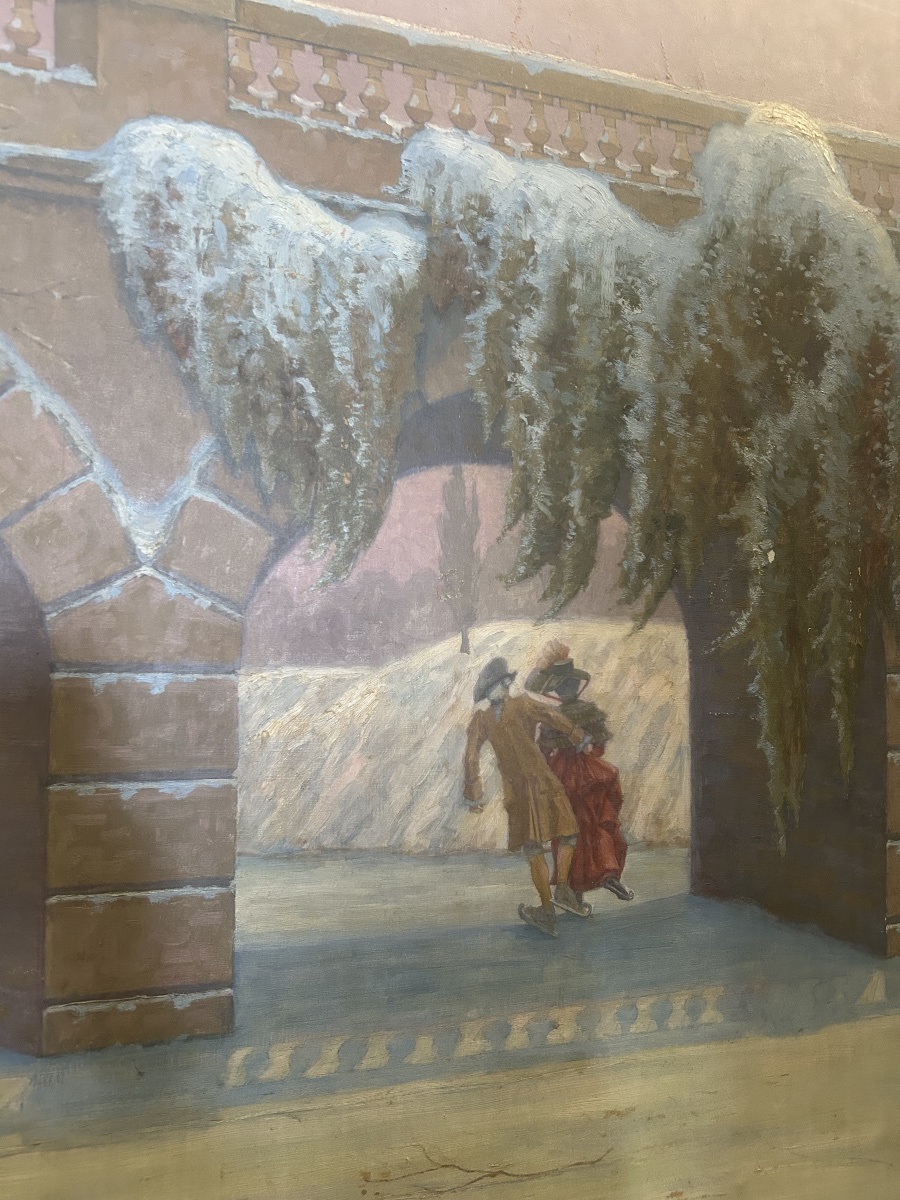 Art Nouveau Painting Depicting A Snowy Scene With Skaters And A Sled -photo-1