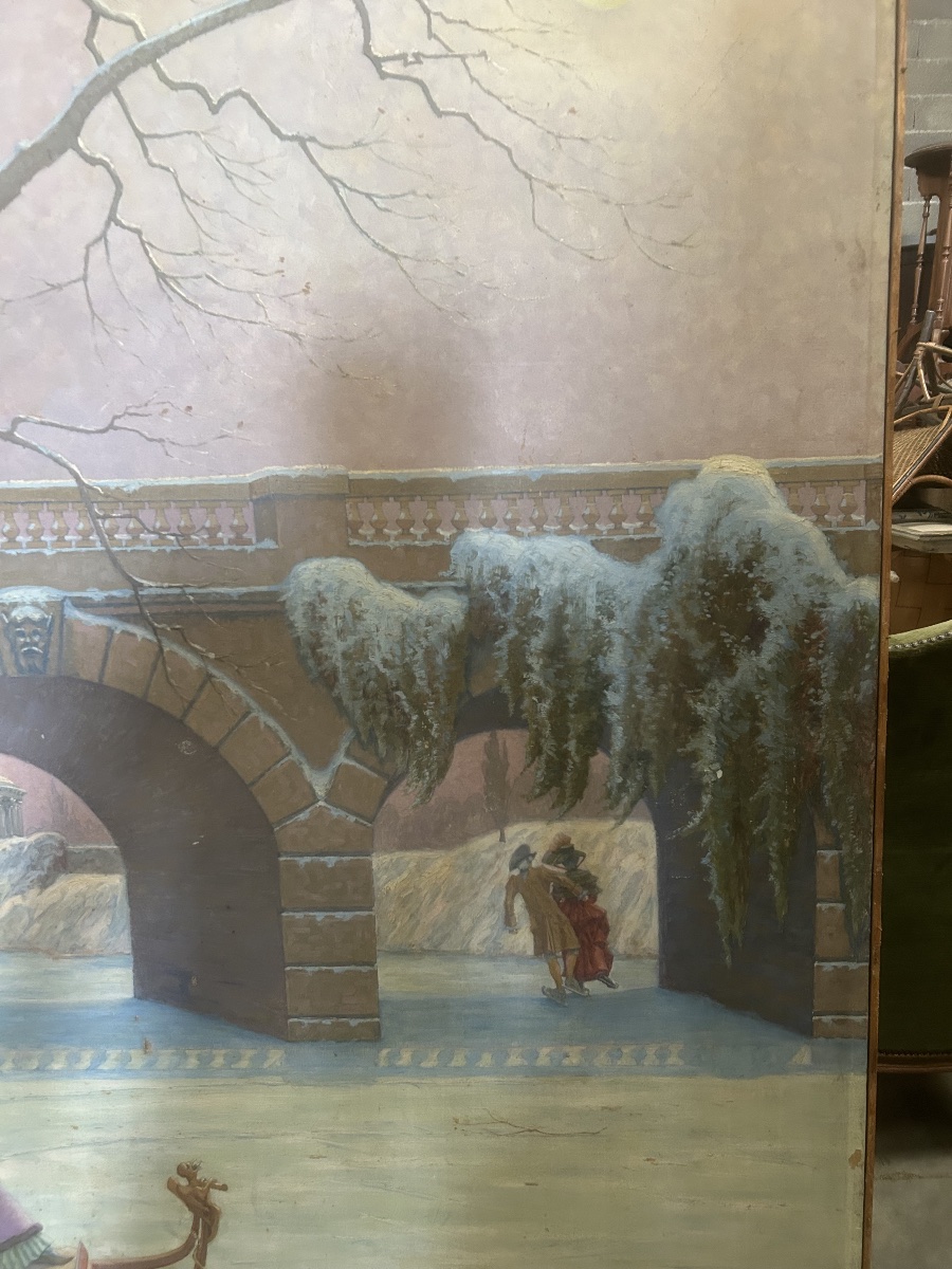 Art Nouveau Painting Depicting A Snowy Scene With Skaters And A Sled -photo-2