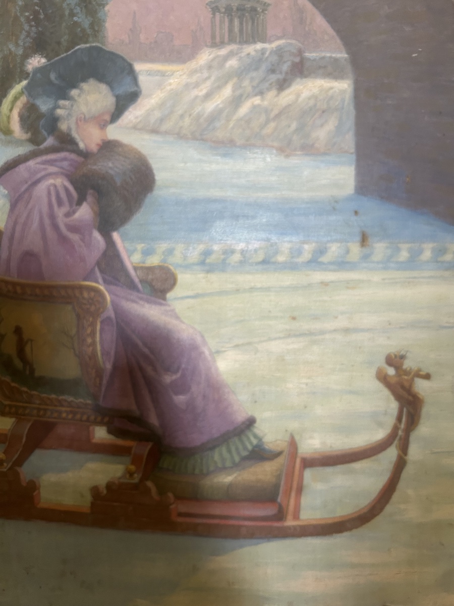 Art Nouveau Painting Depicting A Snowy Scene With Skaters And A Sled -photo-3