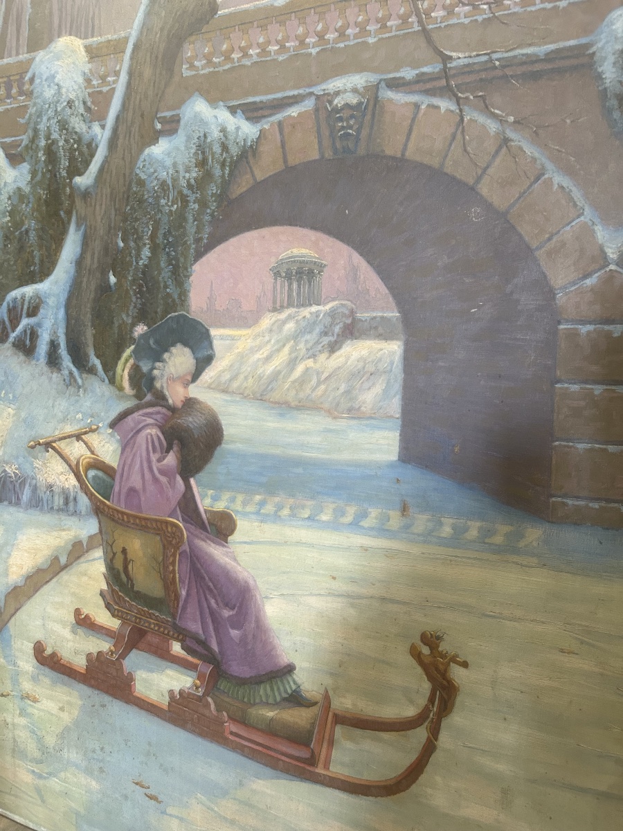 Art Nouveau Painting Depicting A Snowy Scene With Skaters And A Sled -photo-4