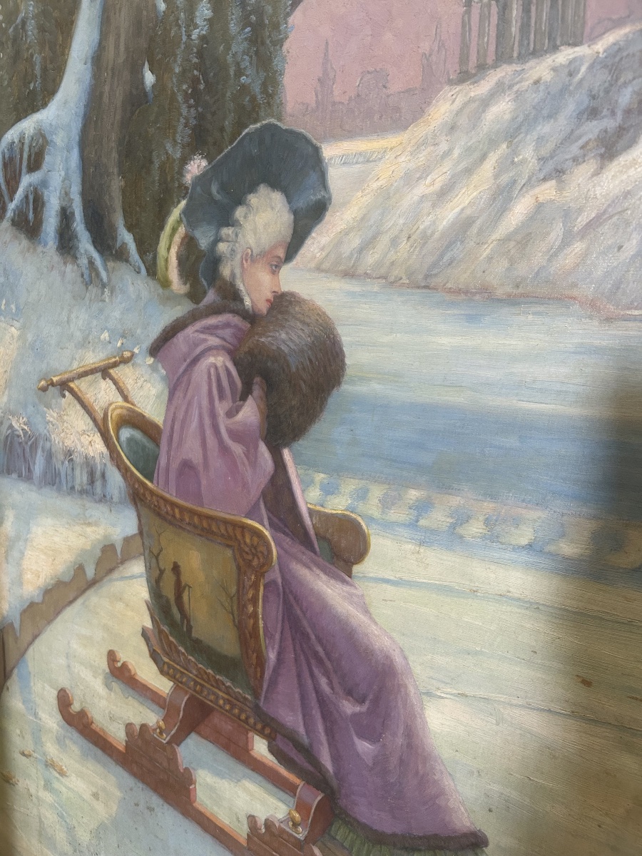 Art Nouveau Painting Depicting A Snowy Scene With Skaters And A Sled -photo-7