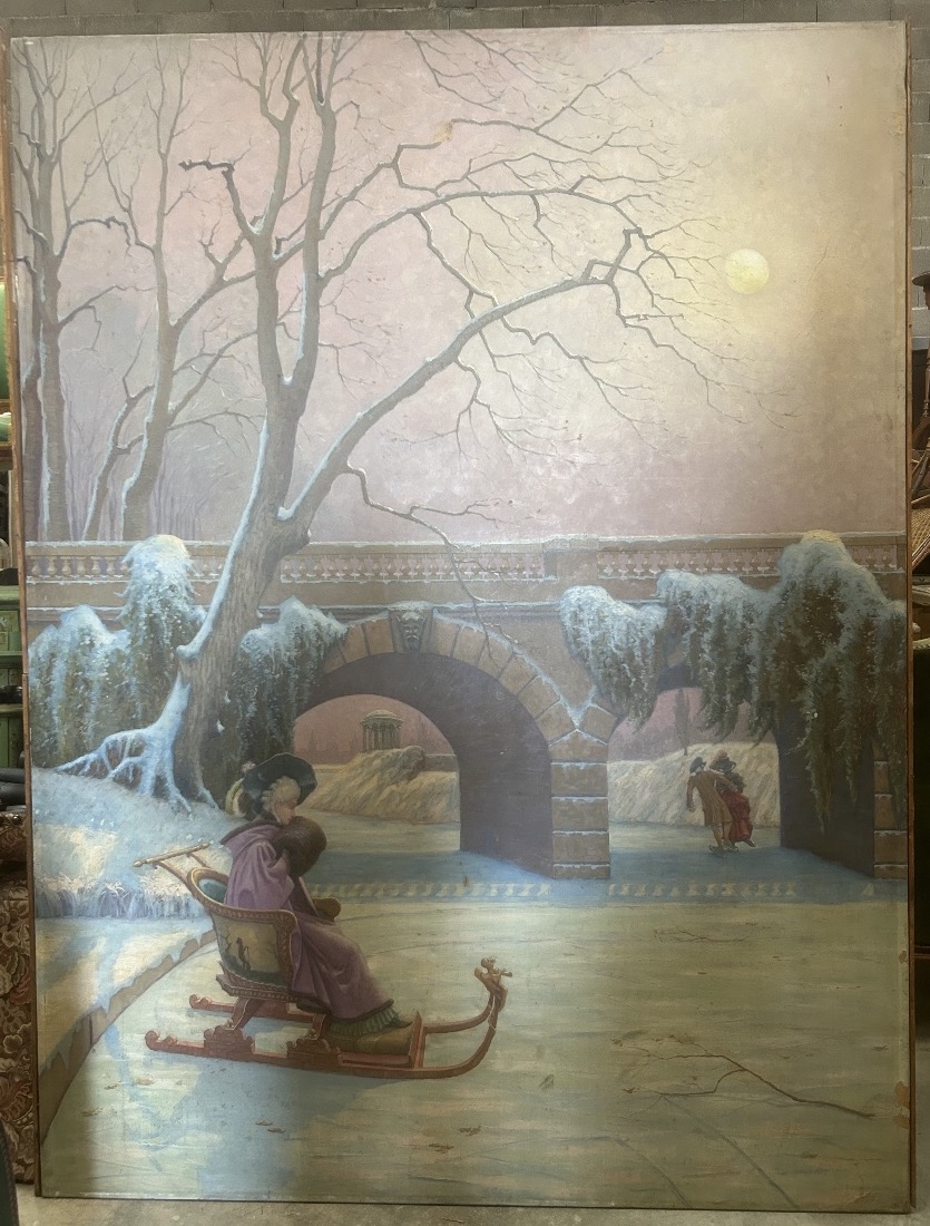 Art Nouveau Painting Depicting A Snowy Scene With Skaters And A Sled 