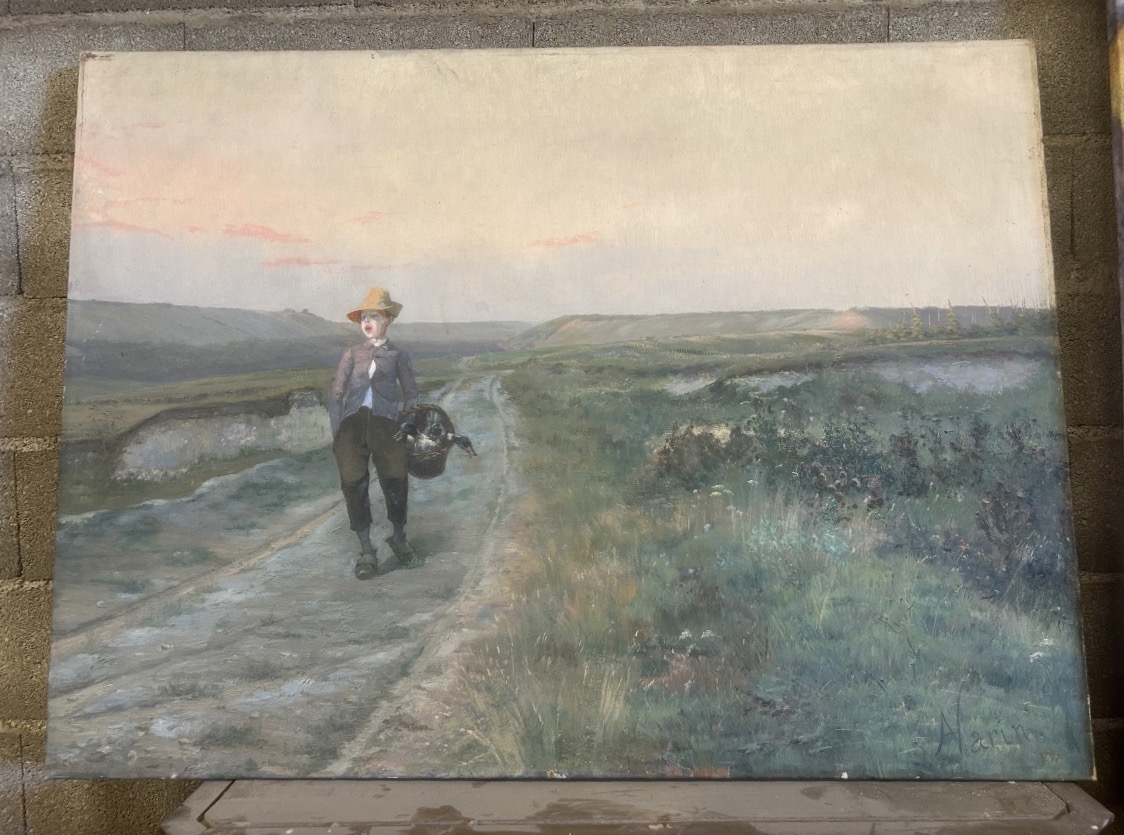 Achille Varin Tableau campagne retour de chasse gibier 1900