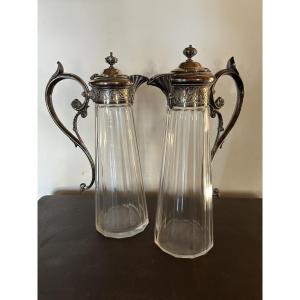 Pair Of Crystal And Silver-plated Metal Ewers 