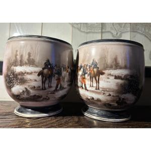Paire de caches-pots porcelaine vieux Paris peinture militaire