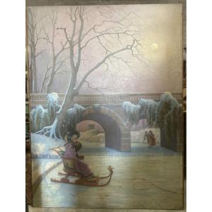 Art Nouveau Painting Depicting A Snowy Scene With Skaters And A Sled