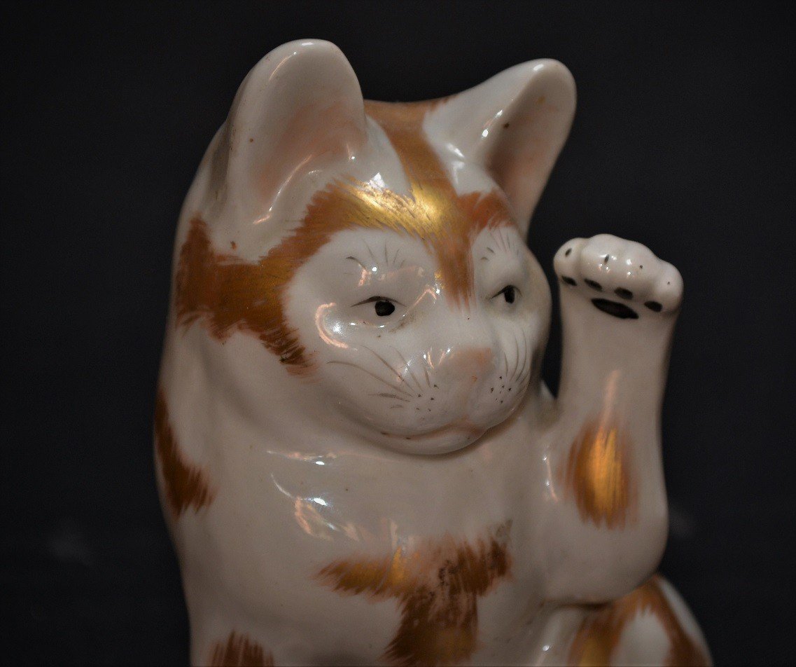 Chat En Porcelaine Blanche Et Or. Japon Meiji-taisho. -photo-3