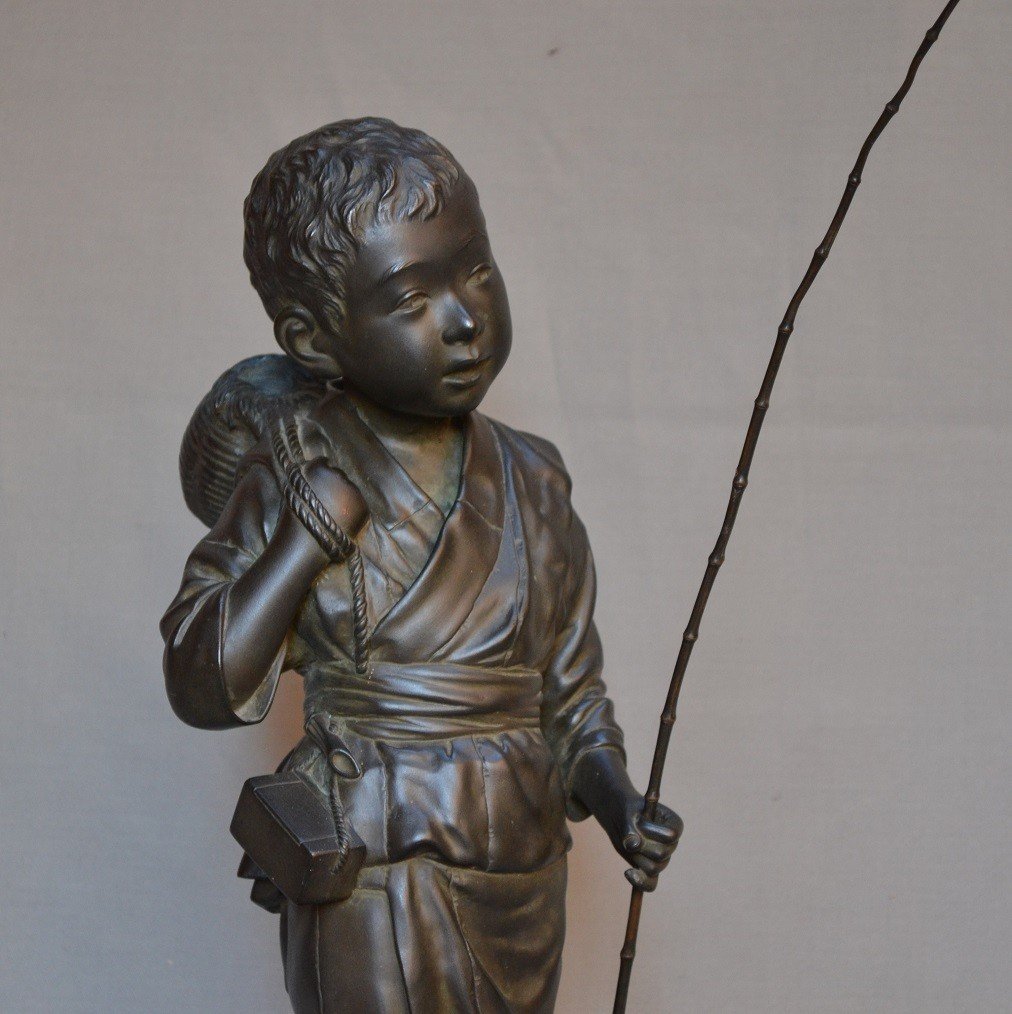 Magic Fishing Rods Carried By A Young Fisherman In Bronze. Japan Around 1900.-photo-1