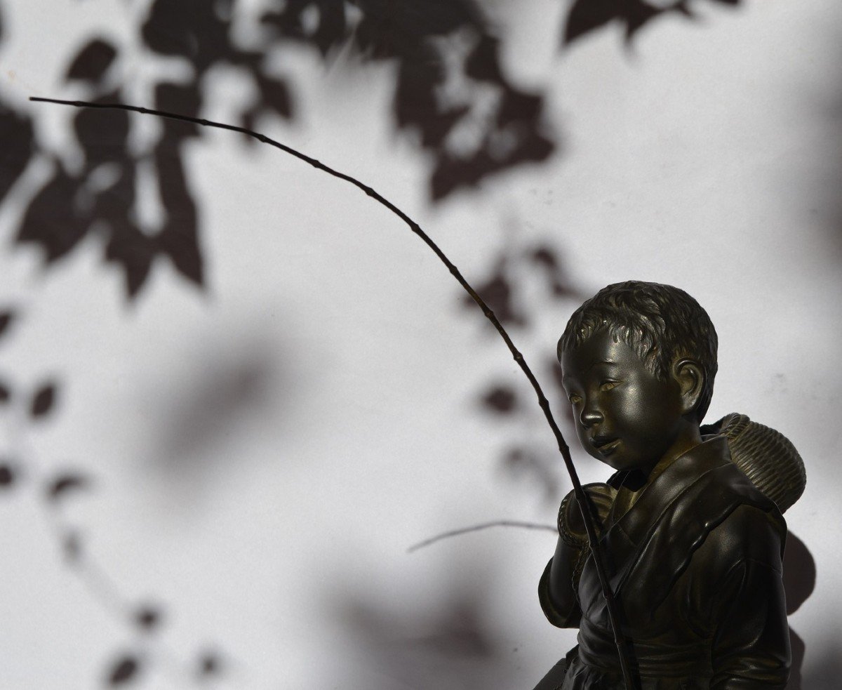 Magic Fishing Rods Carried By A Young Fisherman In Bronze. Japan Around 1900.-photo-2