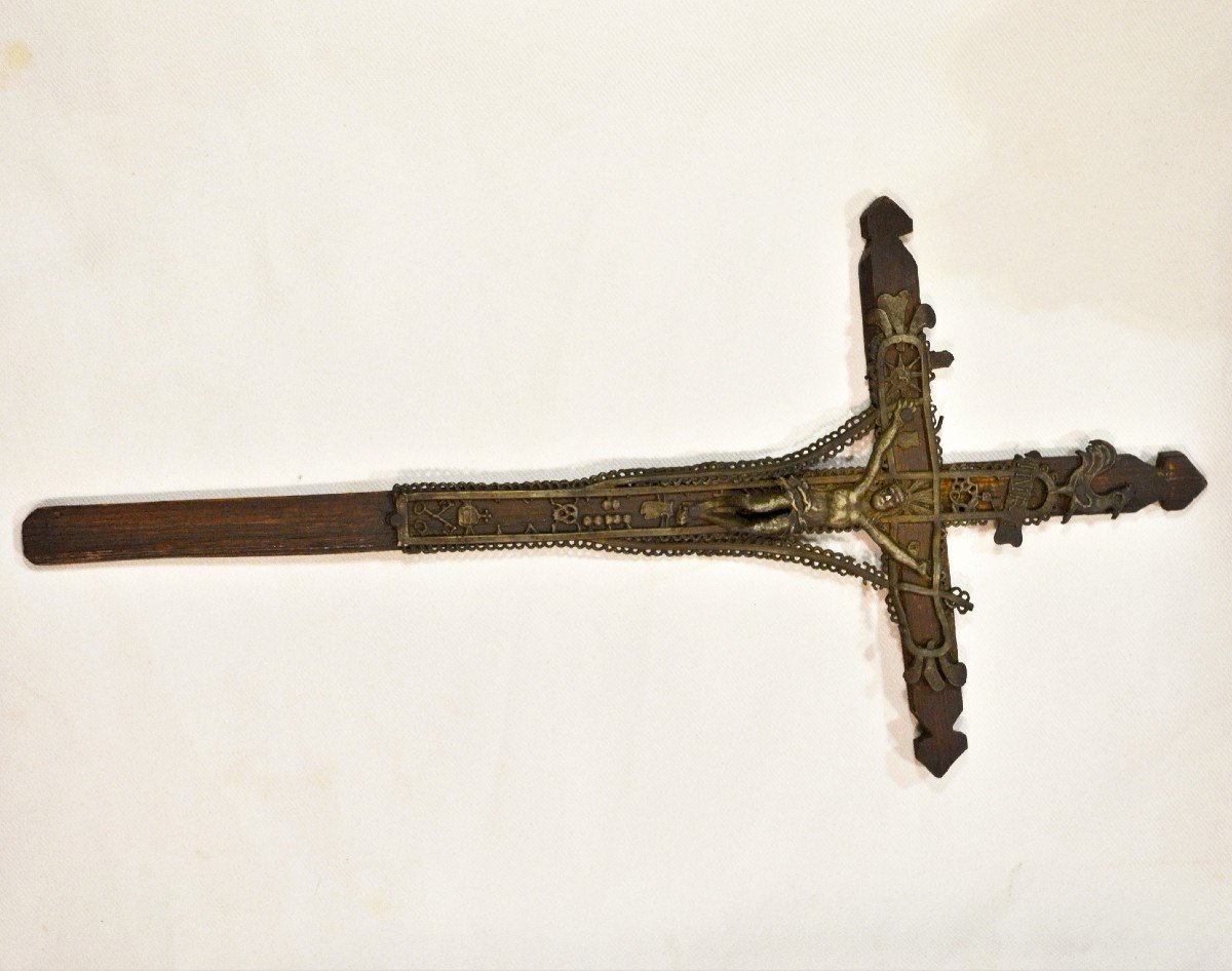 Wooden And Pewter Crucifix. Popular Art Of The 18th Century.-photo-2