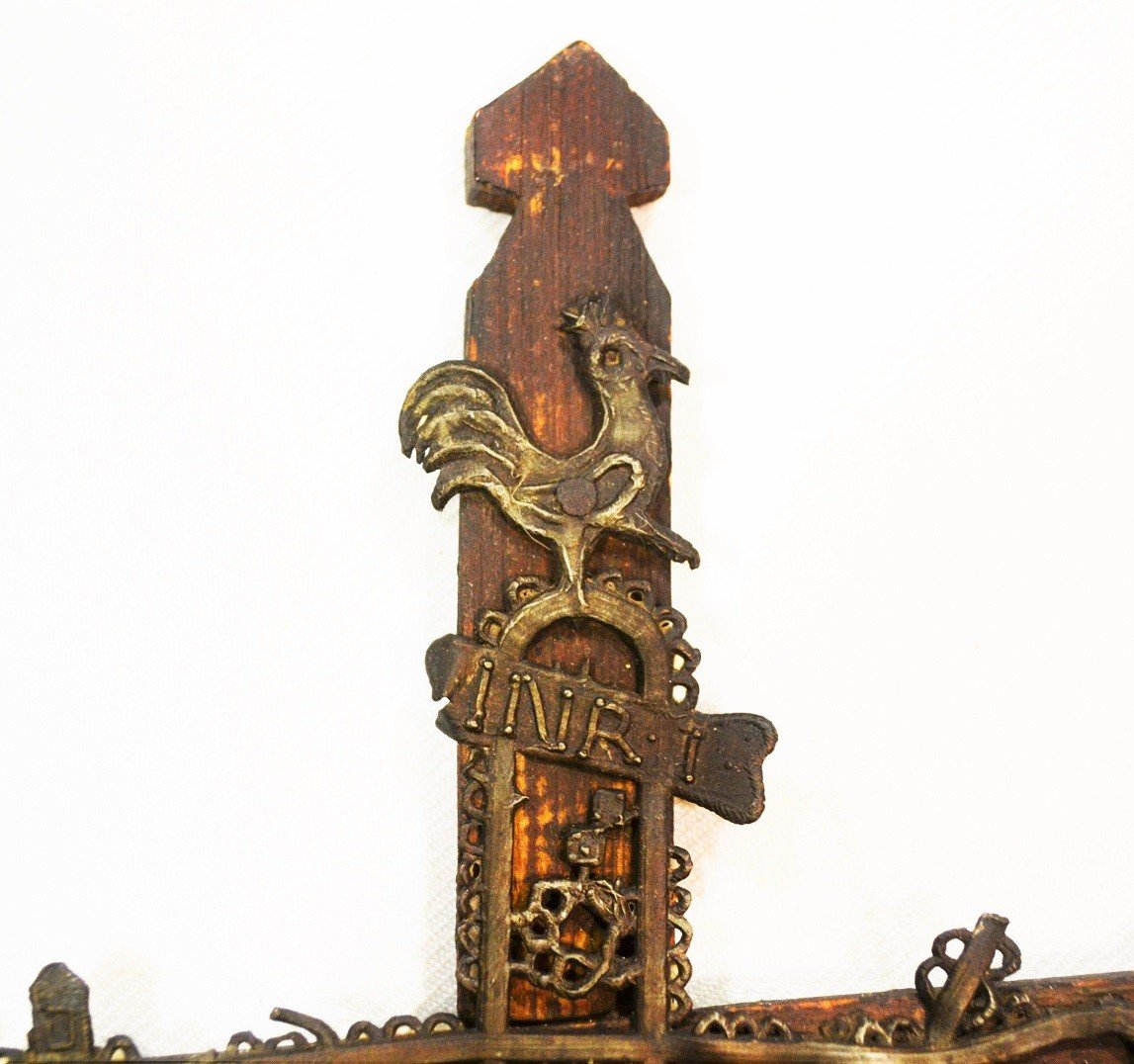 Wooden And Pewter Crucifix. Popular Art Of The 18th Century.-photo-4