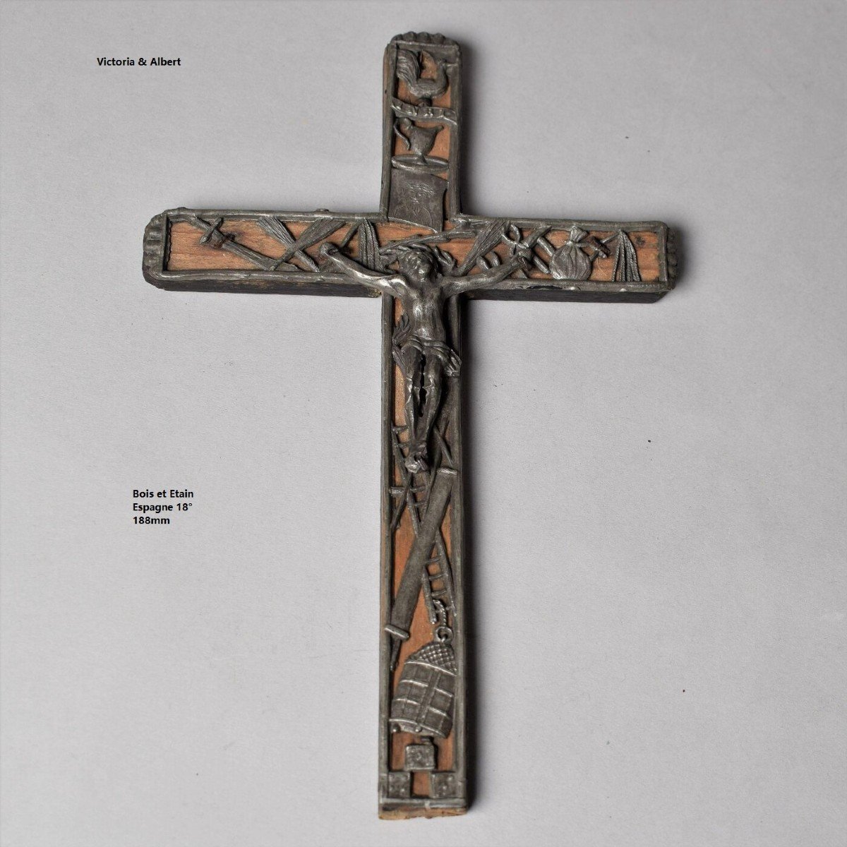 Wooden And Pewter Crucifix. Popular Art Of The 18th Century.-photo-1