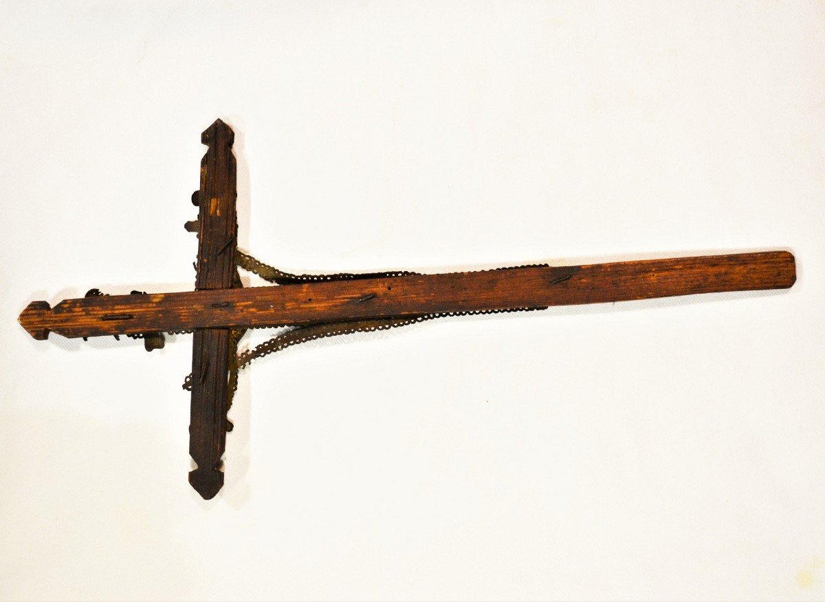 Wooden And Pewter Crucifix. Popular Art Of The 18th Century.-photo-2