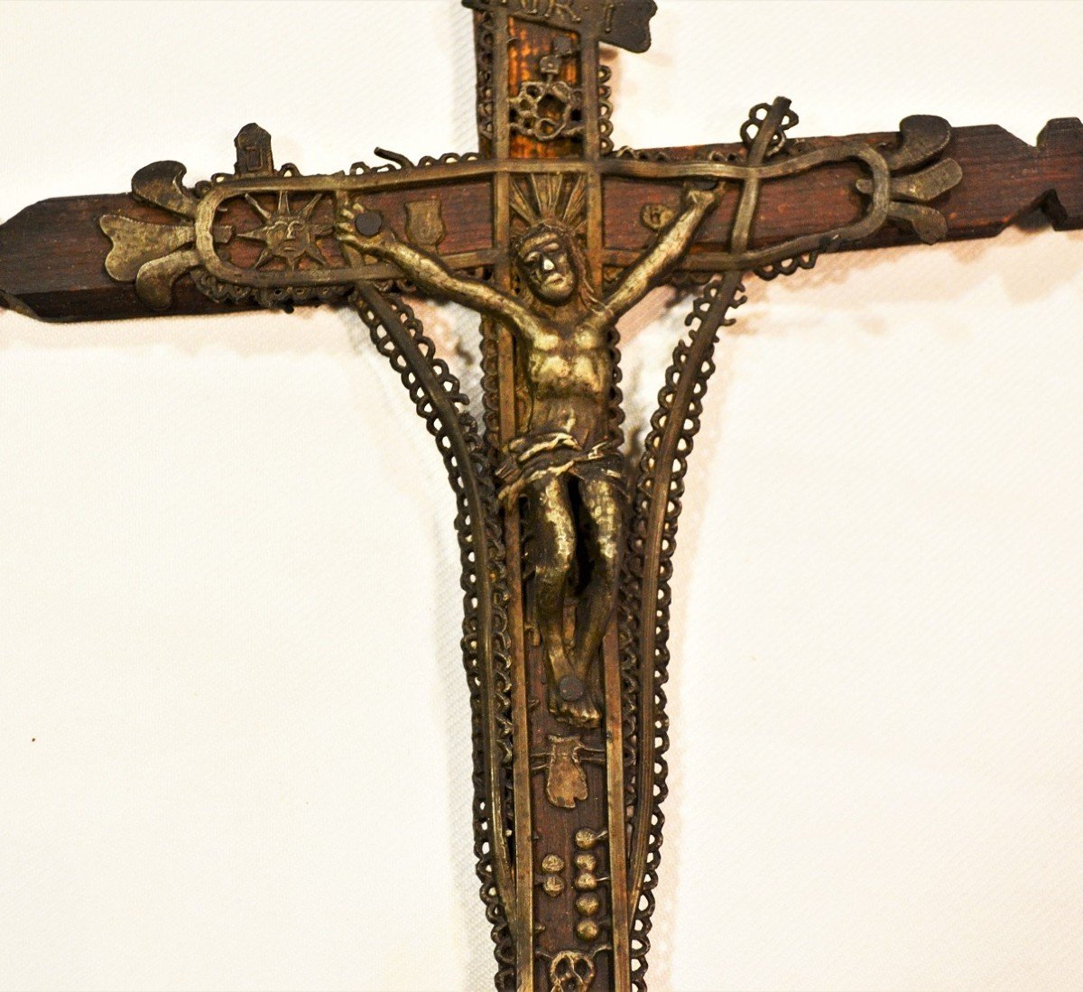 Wooden And Pewter Crucifix. Popular Art Of The 18th Century.-photo-3
