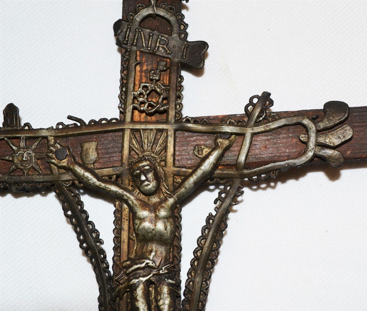 Wooden And Pewter Crucifix. Popular Art Of The 18th Century.-photo-6