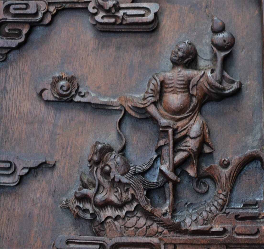 Paire De Panneaux De Bois Sculptés Des 8 Immortels Taoïstes.chine 18°.-photo-6