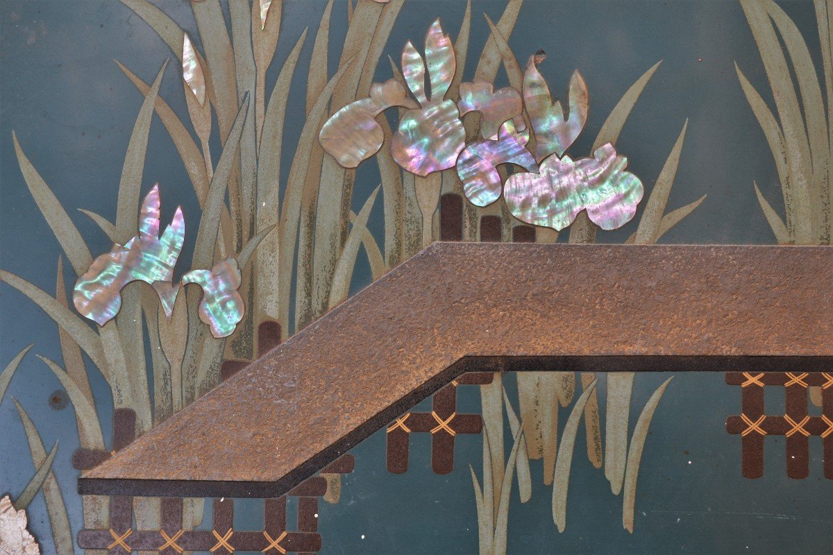 Panneau Laque Verte Décor d'Iris En Nacre. Japon Taisho-photo-4