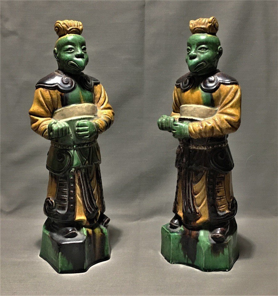 Pair Of Sancai Stoneware Incense Holders, Ming Period-photo-1