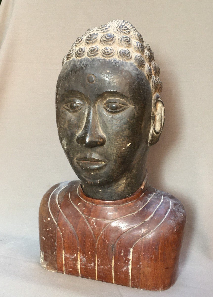 Tête De Bouddha En Pierre Sculptée.travail Asiatique Ancien.-photo-2