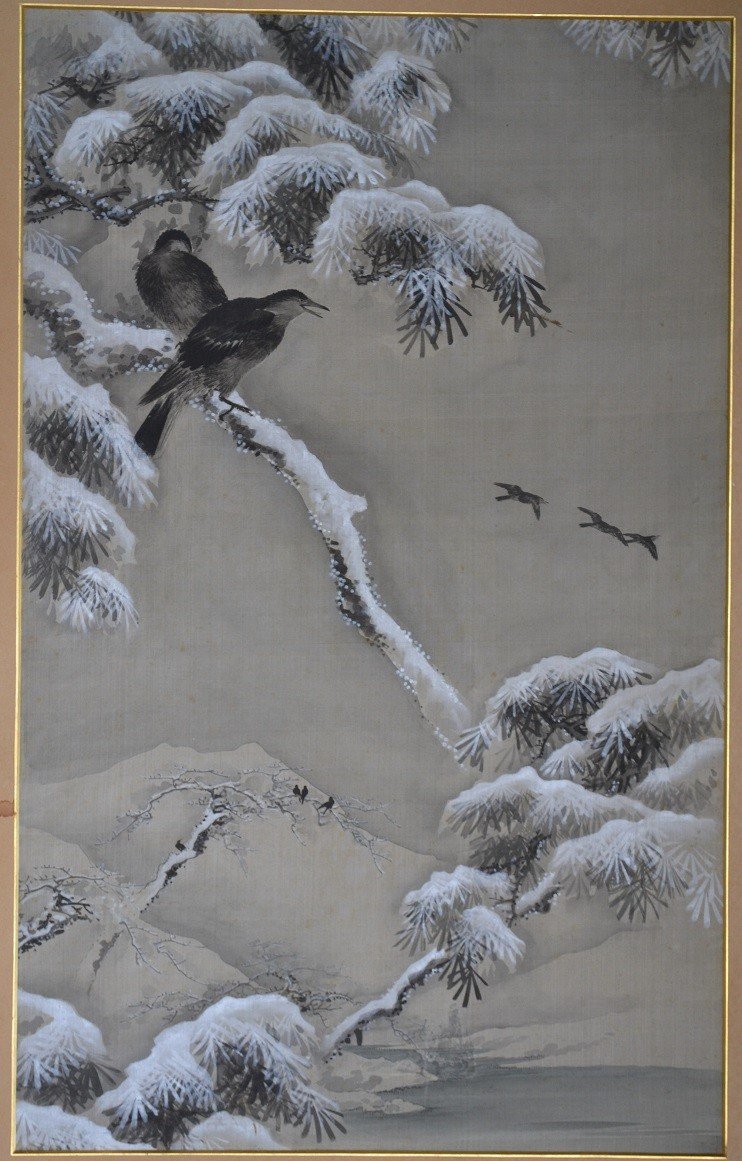Silk Painting. China Or Japan. Snow And Crow.-photo-2