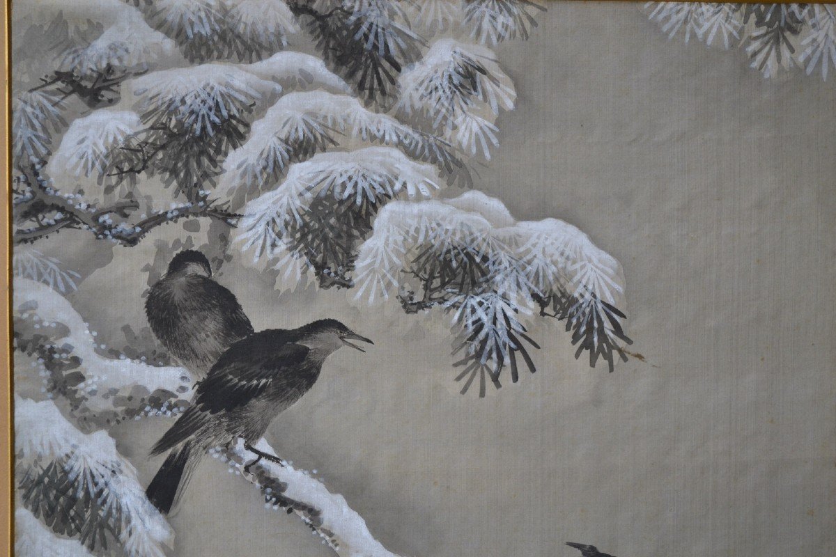 Silk Painting. China Or Japan. Snow And Crow.-photo-3