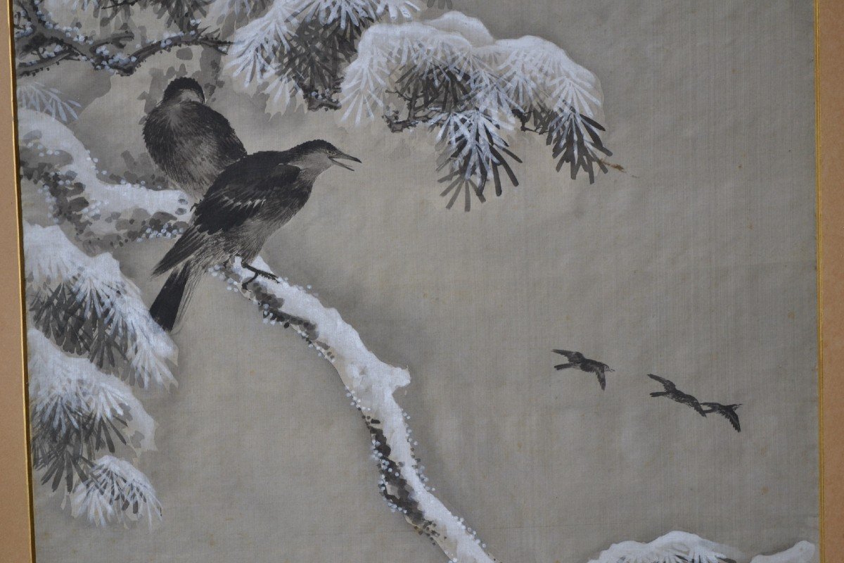 Silk Painting. China Or Japan. Snow And Crow.-photo-4
